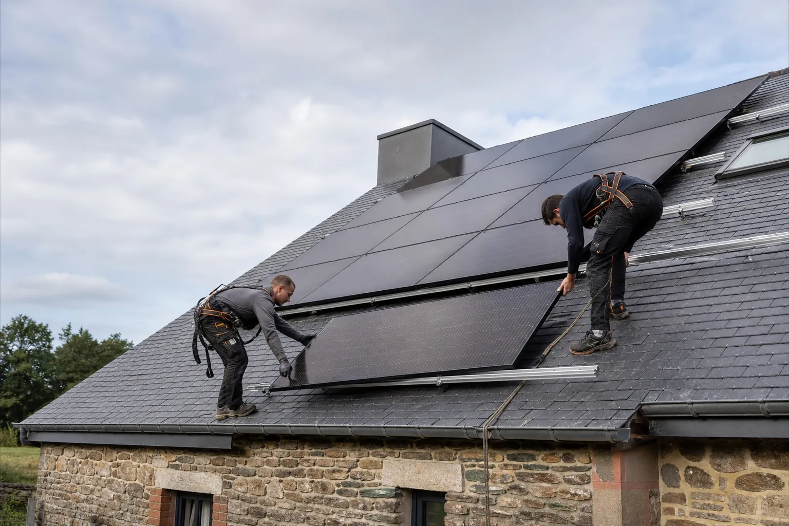 Pose de panneaux solaires sur une toiture à Sourdeval